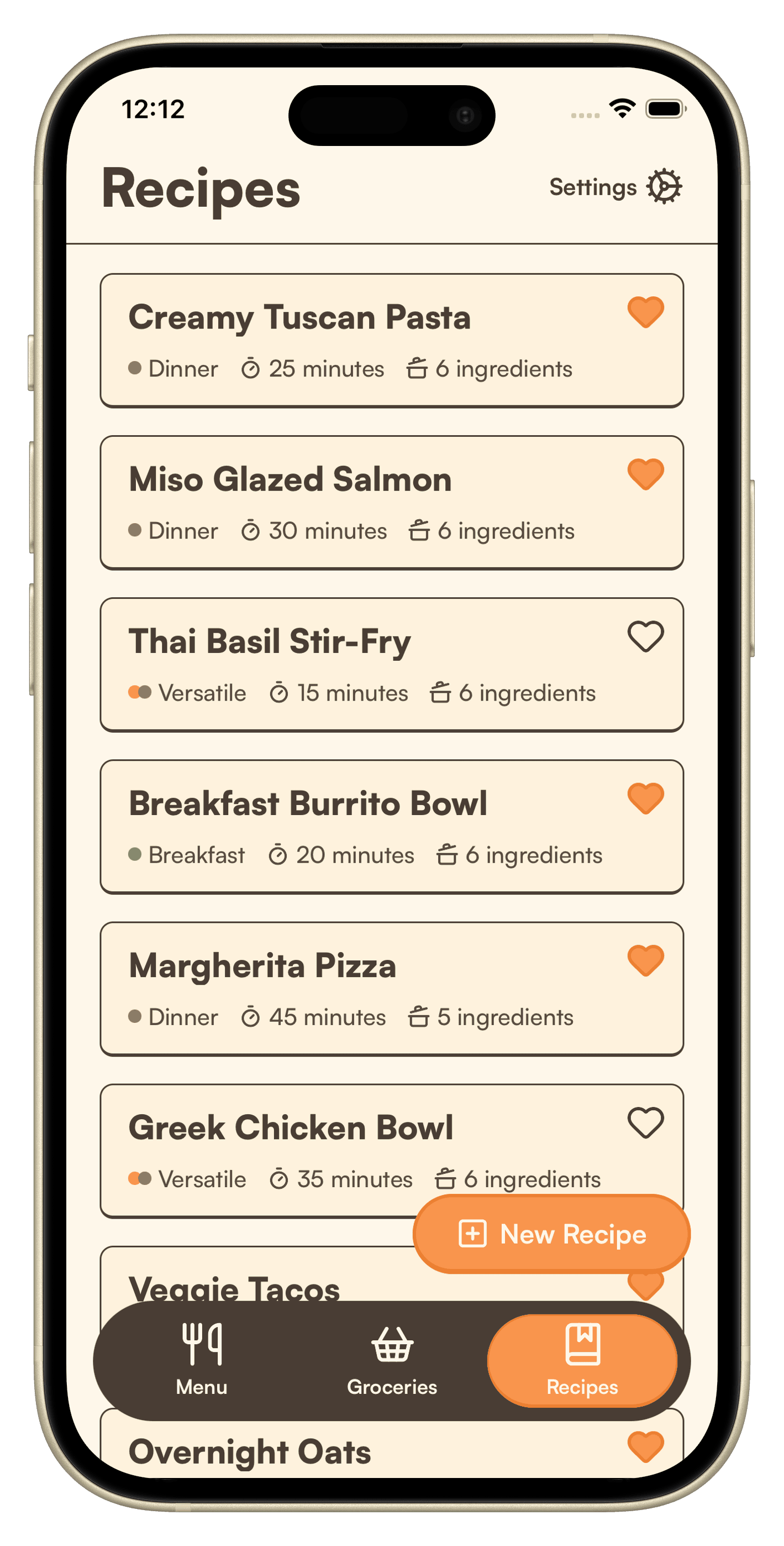 Weekly meal planning view